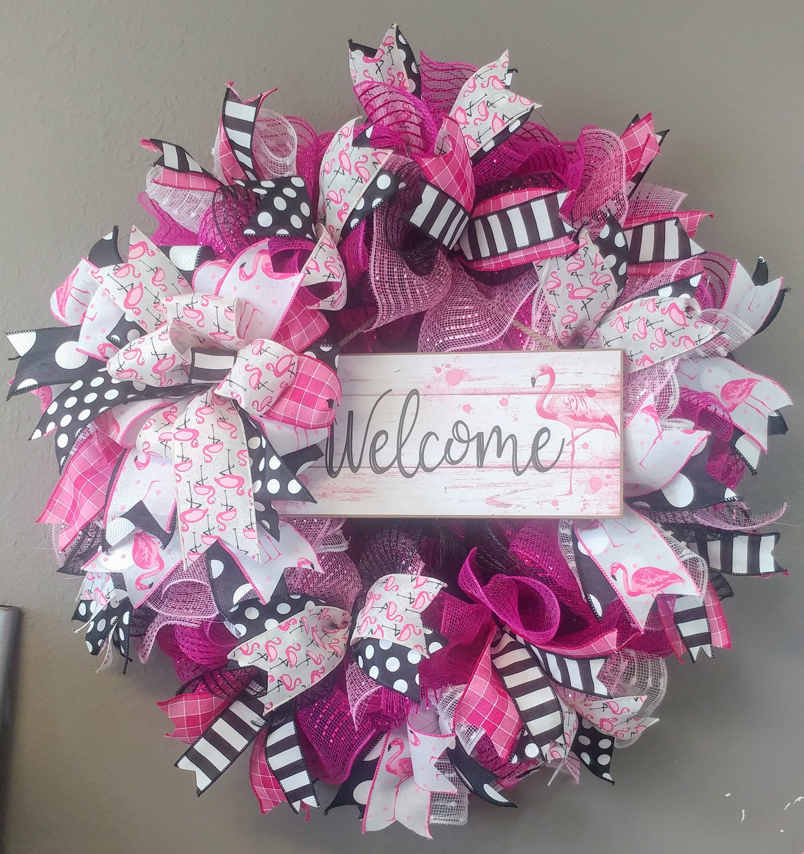 pink black and white welcome wreath